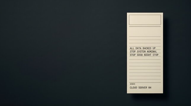 Plain cream telegram form with digital server status message in classic telegraphic all-caps stop format on dark charcoal surface, telegram digital message retro-future communication nostalgia