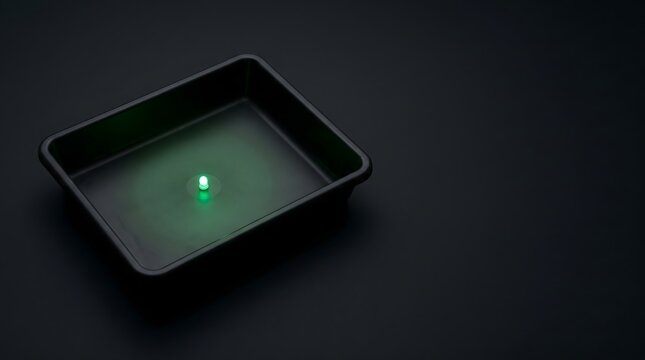 Plain black photographic darkroom developing tray with single green LED light glowing at base interior on dark background, darkroom digital heartbeat retro-future analog photography nostalgia concept 