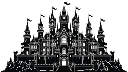 Silhouette of Gothic Castle Tower with Flags at Dusk in Minimalist Black and White Style © Tasfia