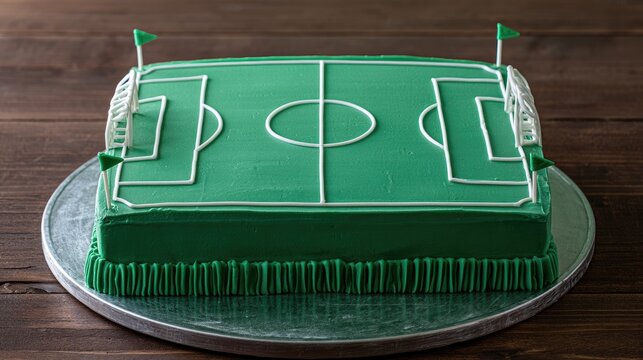 Green rectangular cake decorated like a soccer field with goalposts and flags