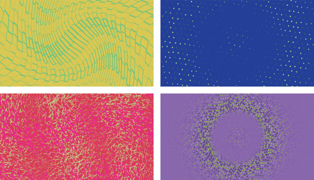Creative array of abstract backgrounds featuring diverse geometric motifs like rectangles dots grids and wavy lines in bright energetic color palettes set