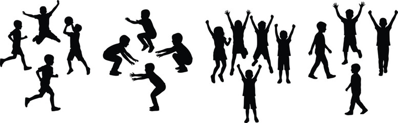Fototapeta premium Black silhouettes of happy children running jumping playing and celebrating on white background