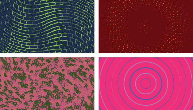 Creative set of abstract patterns including brick wall distortions radiating dotted spheres and organic jagged cell textures for artistic visual designs