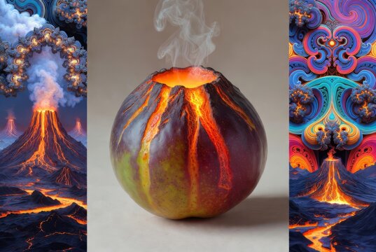 Mela vulcano surreale in eruzione con lava incandescente, affiancata da paesaggi vulcanici con motivi frattali e psichedelici