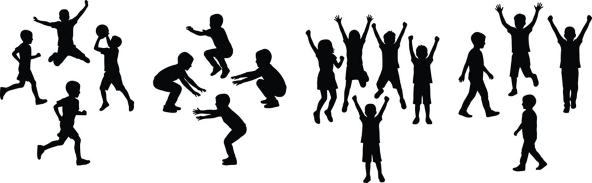 Black silhouettes of happy children running jumping playing and celebrating on white background