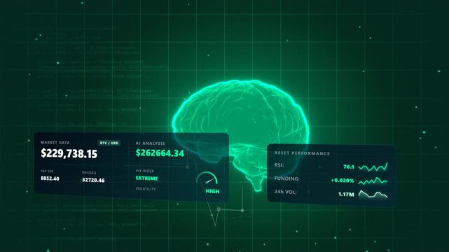 Steady analytical shot detailing a bull market trading terminal featuring a glowing green financial data interface inside a real-time market volatility gauges displaying English metrics.