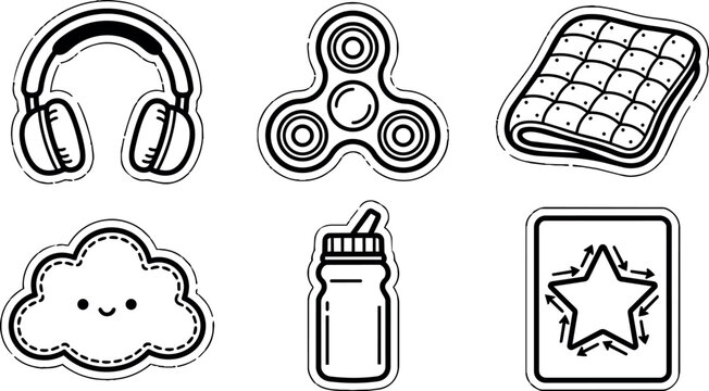 Black and white cartoon headphones fidget spinner baby bottle quilt cloud and star icons