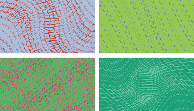Abstract green and teal vector pattern set with distorted geometric grids scribbled textures and wavy line compositions for modern graphic resources