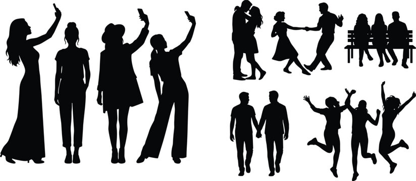 Happy people silhouettes vector collection taking selfie dancing walking and sitting isolated on white