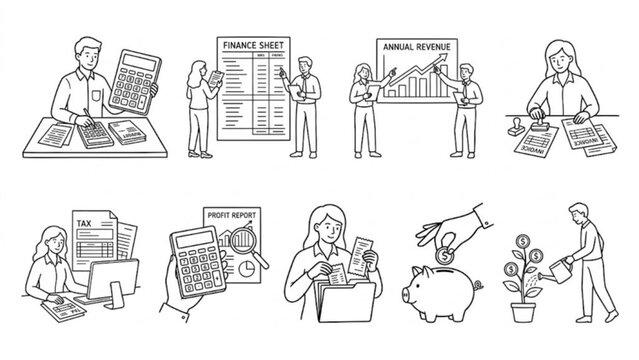Accounting and Financial Management Line Art Vector Illustration Set Budget Planning, Revenue Analysis, Tax Report, and Investment Concepts