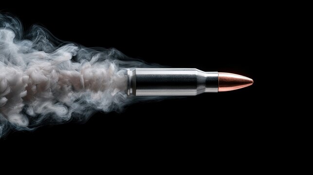 Silver bullet with copper tip, trailing white smoke, against black