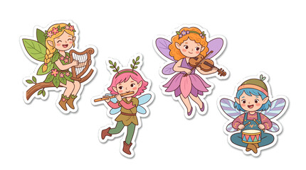 Fototapeta premium Cute fairy musicians playing musical instruments sticker set