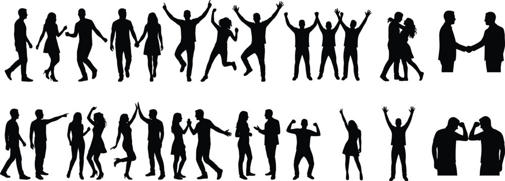 Silhouette collection of people celebrating dancing giving high five and shaking hands vector set
