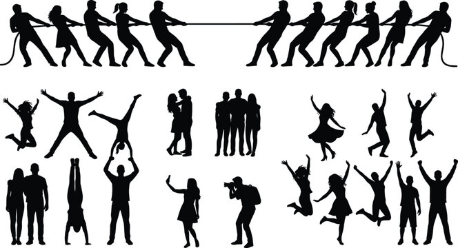 Silhouette collection of people playing tug of war jumping celebrating and taking photos vector set