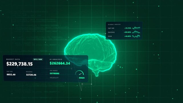 Dual perspective view over a bull market trading terminal featuring a glowing green financial data interface inside a complex holographic neural networks displaying English metrics.