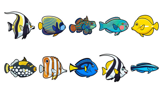 Collection of Colorful Tropical Reef Fish Illustrations