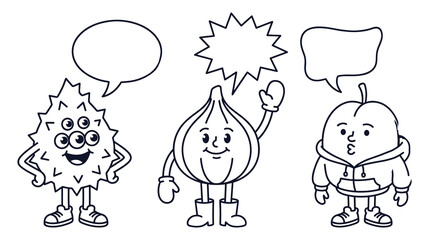 Obraz premium Funny fruit cartoon characters with speech bubbles isolated line art vector illustration.