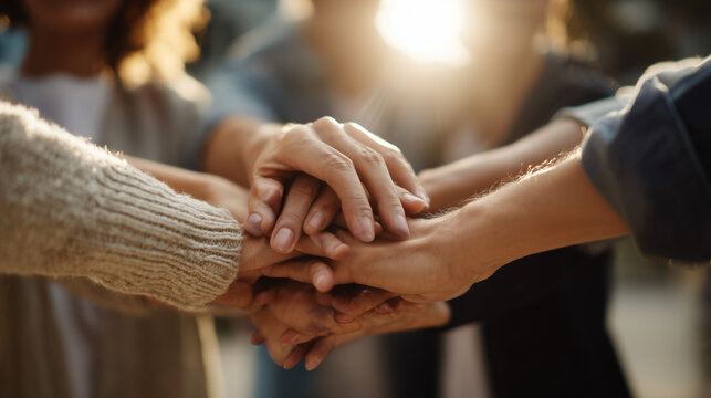  Corporate team showing unity and teamwork through hands together gesture
