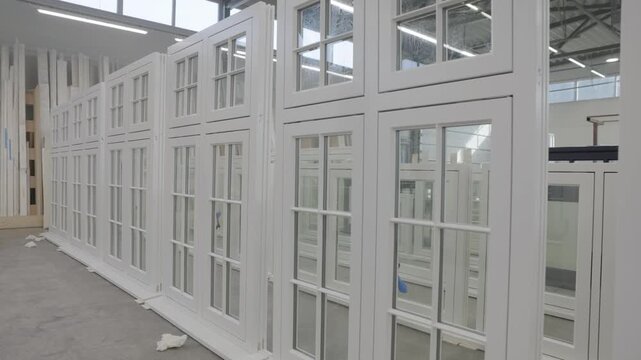 Rows of white wood frame windows displayed inside a modern manufacturing factory with bright industrial lighting, organized production area, and spacious interior