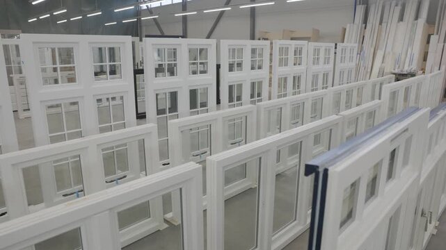 Rows of white wood frame windows displayed inside a modern manufacturing factory with bright industrial lighting, organized production area, and spacious interior