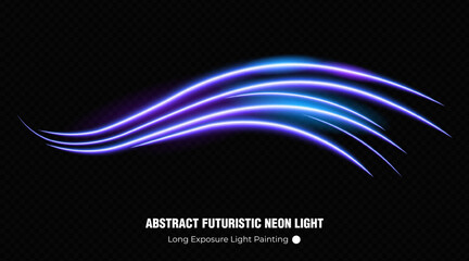 Wavy blue neon light trail with long exposure effect on dark transparent background © SonojART