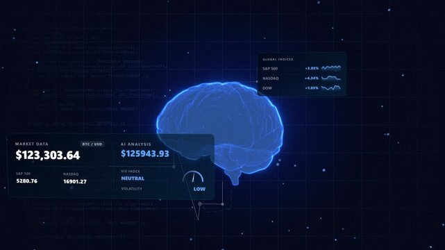 Dual perspective view over a corporate fintech dashboard featuring a analytical blue institutional trading platform inside a complex holographic neural networks displaying English metrics.