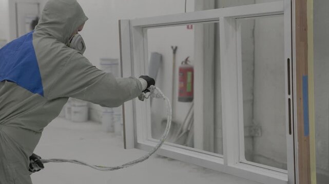 Worker in protective suit spray painting a wood frame window inside an industrial factory booth with paint containers and ventilation wall