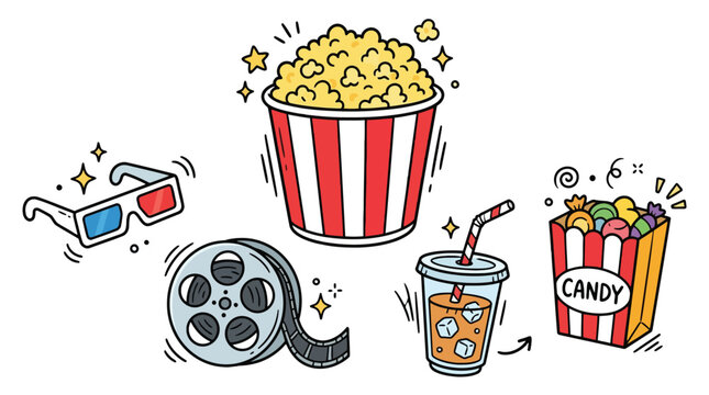 Retro hand drawn movie cinema doodle vector set with large striped popcorn bucket film reel video glasses soda cup and candy
