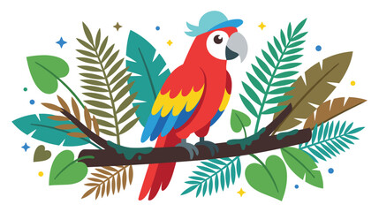 Beautiful macaw parrot sitting on tropical tree branch with palm leaves and bright stars. © KALPANA AKTER