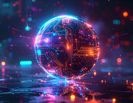 Futuristic glowing digital sphere with circuit board patterns