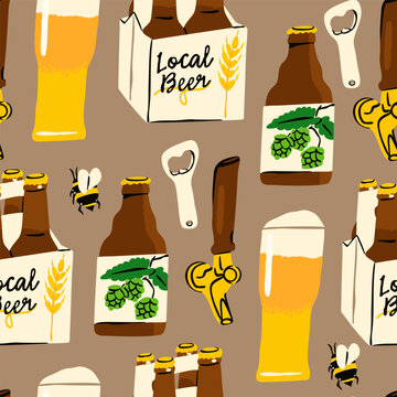 Craft Beer glass, bottle pack, opener, beer tap handle. Local beer, pub, brewery, Oktoberfest, bar menu concept. Hand drawn trendy Vector illustration. Square seamless Pattern, background, wallpaper