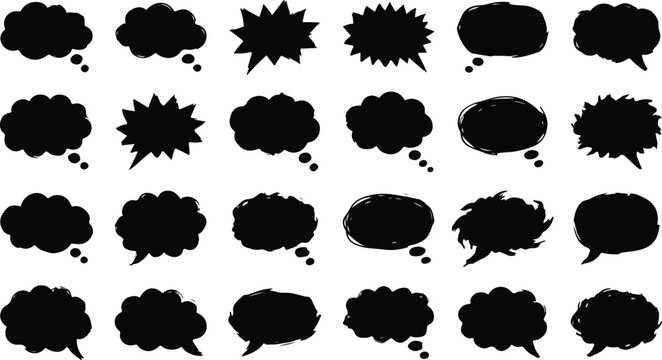 Black thought cloud speech bubble silhouettes comic pop art set