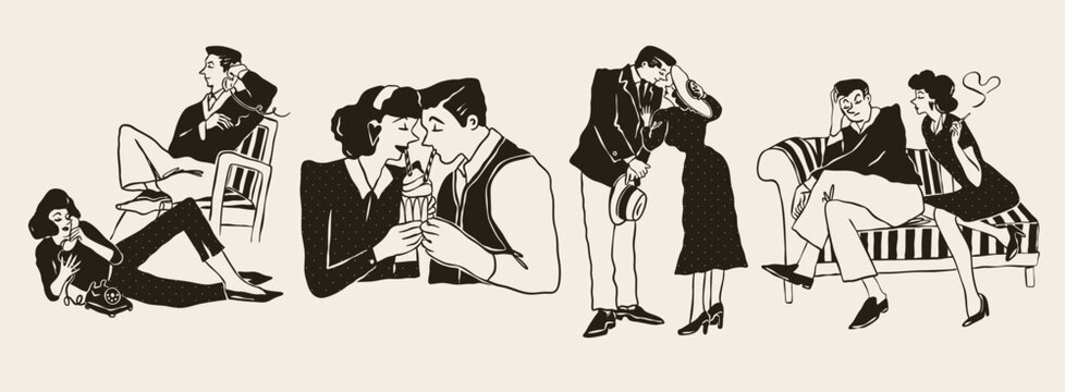 Couples kissing, hugging. Happy people in love set. Retro, vintage black and white style. Date, romance, affair concept. Hand drawn Vector illustration. Sticker, logo, icon, print templates