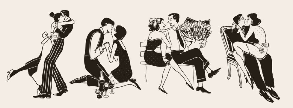 Couples kissing, hugging. Happy people in love set. Retro, vintage black and white style. Date, romance, affair concept. Hand drawn Vector illustration. Sticker, logo, icon, print templates