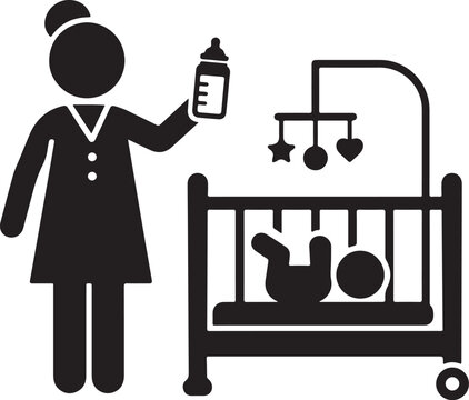 Nanny or nurse feeding baby in crib vector icon. Childcare professional with milk bottle and infant in nursery. Pediatric care and babysitting symbol.