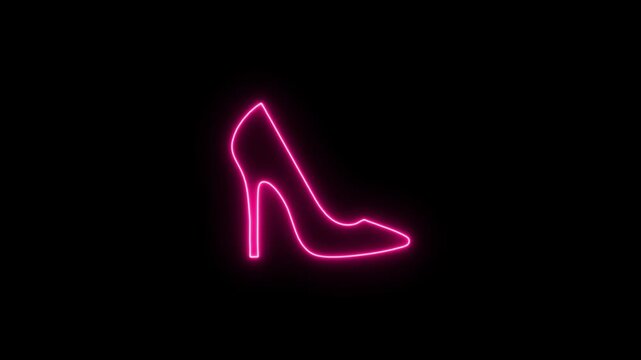Animated Pink Neon Women's High Heel Shoe Fashion Icon. Glowing Neon High Heel Shoe Icon Animation on Black Background.