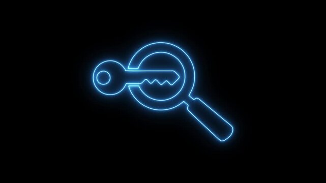 Security Key Lookup Outline Icon in Neon Style. Neon Key Search Icon Glowing on Black Background, Security and Access Symbol.
