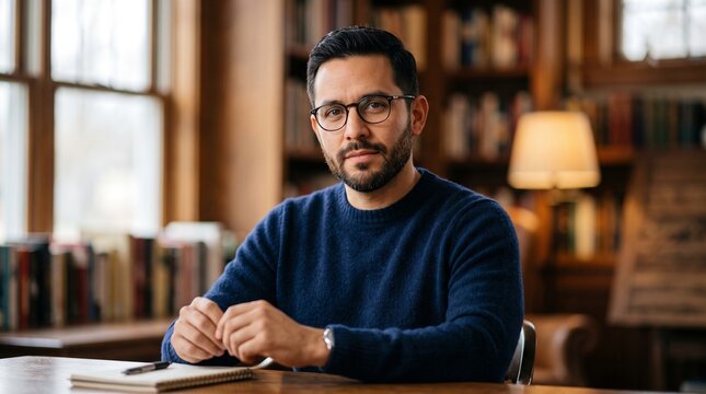 A stylish man in glasses and a blue sweater relaxes inside a warm, modern caf&eacute; setting