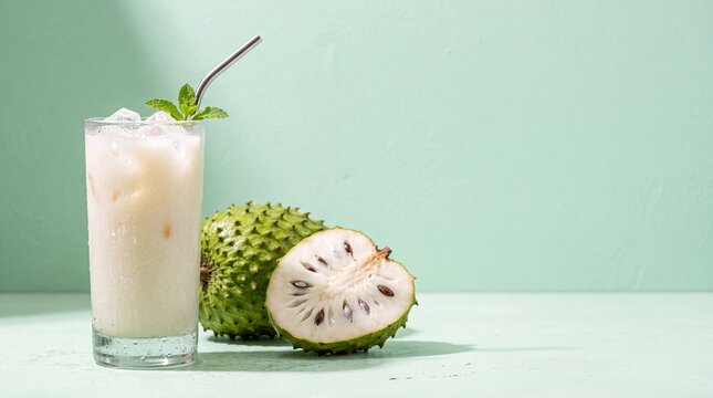 Refreshing soursop juice in a glass with ice and mint next to fresh guanabana fruit