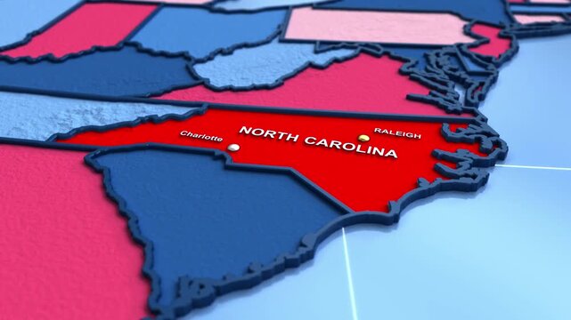 Looped 3D election map animation of the United States zooming into North Carolina state, featuring red, blue, purple and green political outcome variations. 