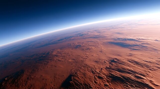 Mars revealing its vast, arid surface and thin atmosphere curving into the deep blue of space, highlighting the planet's desolate beauty and the potential for future exploration
