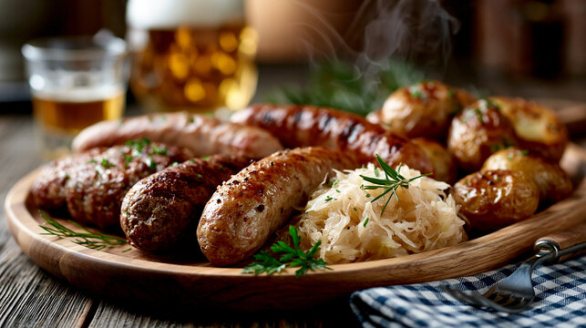 Stock style, hyper realistic, high quality Oktoberfest food photography, wooden platter with assorted Bavarian sausages, sauerkraut, roasted potatoes and a small glass of beer, rus