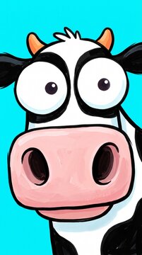 Funny cartoon cow close up portrait with big eyes on blue background
