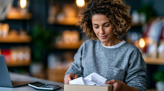 Tax preparation concept, small business owner standing behind a counter sorting through a box of paper receipts, calculator and laptop on the counter nearby, cozy retail shop backg