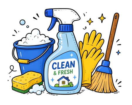 Cleaning supplies cartoon illustration bucket with soap suds and spray bottle for housekeeping chor
