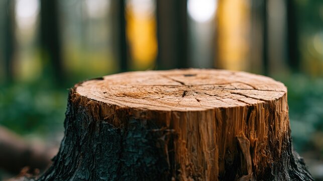 A close-up, weathered tree stump stands in a sun-dappled forest, with blurred green foliage