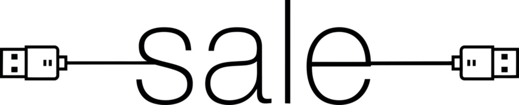 Black text sale with usb cable connectors at both ends of the word on a plain white background, for retail and, technology concepts