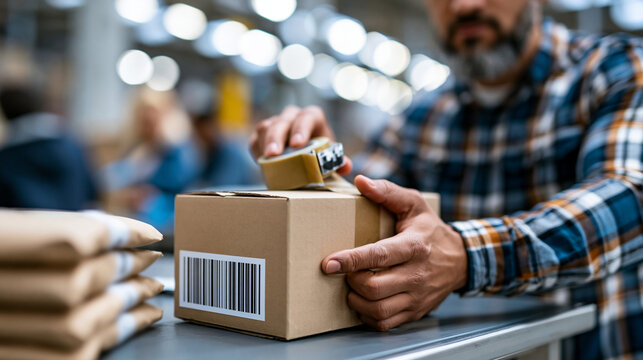 Close-up of hands taping shut a cardboard shipping box on a packing table, stack of parcels ready for dispatch nearby, bright warehouse lighting, realistic candid packing moment, s