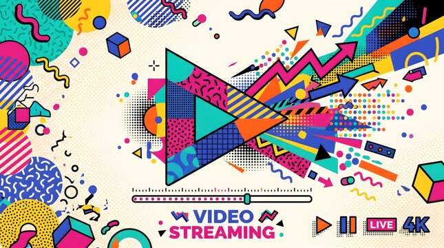 Vibrant, colorful 90s memphis style video streaming graphic, play button icons, live 4k
