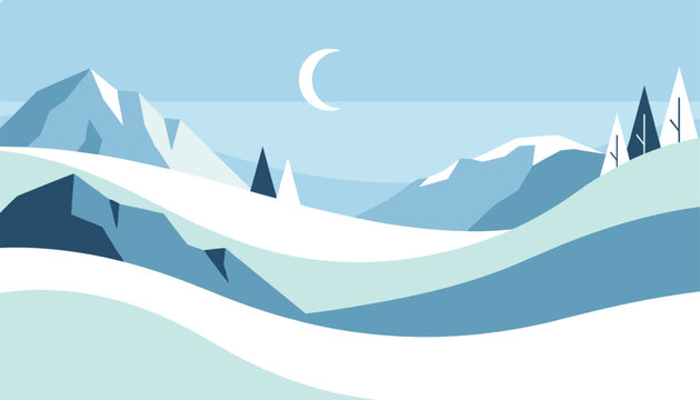Serene winter landscape at night showing snow covered mountain peaks under a soft crescent moon sky.
